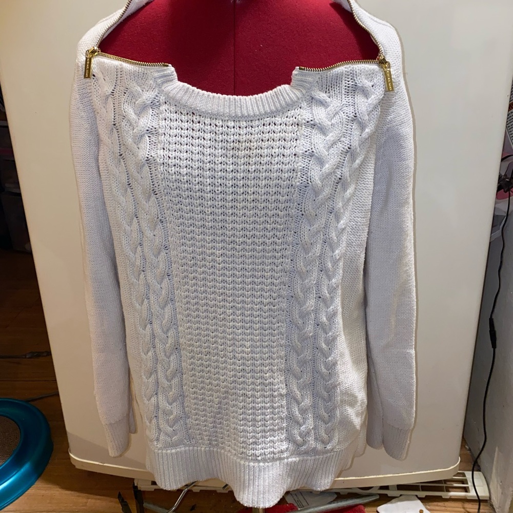 Michael Kors Beige Nude Knitted Sweater Zip Zipper Shoulder Shirt Large L